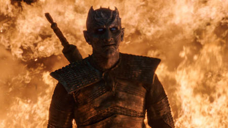 Night Kings looks up to Daenarys and Jon, as he emerges from dragon fire.